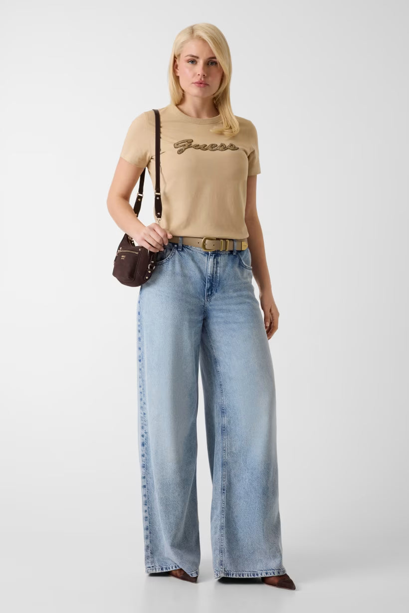 T-shirt con logo di perline