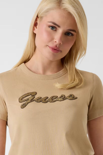 T-shirt con logo di perline