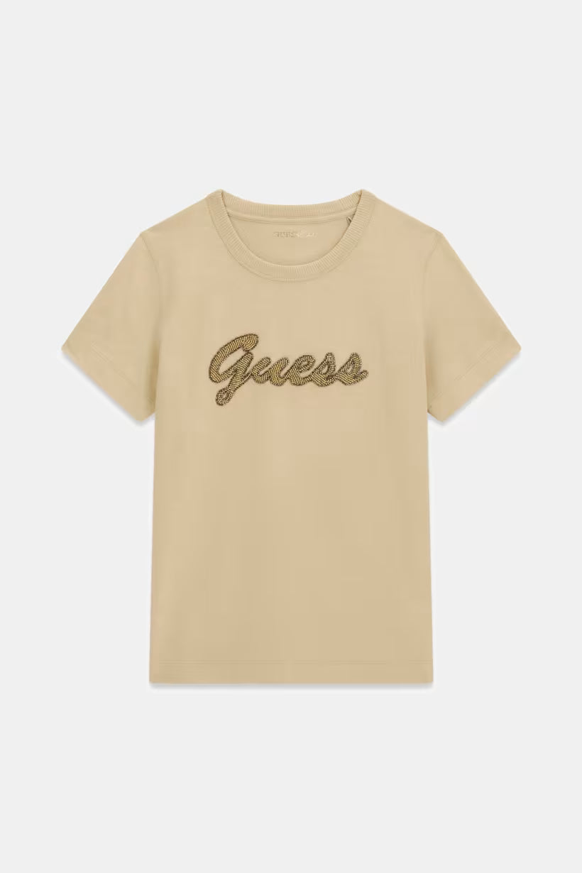 T-shirt con logo di perline