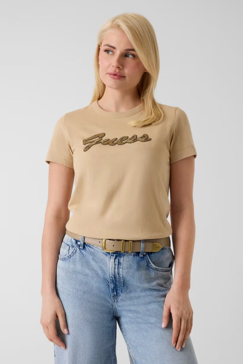 T-shirt con logo di perline