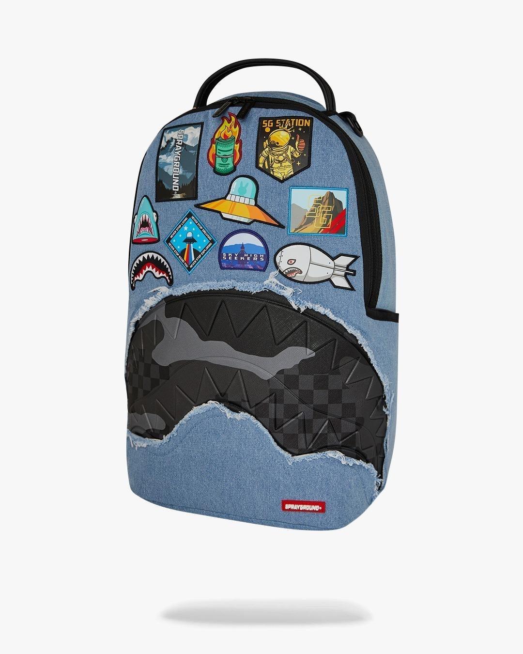ZAINO SPRAYGROUND DENIM TEAR 3 AM PATCHES BACKPACK