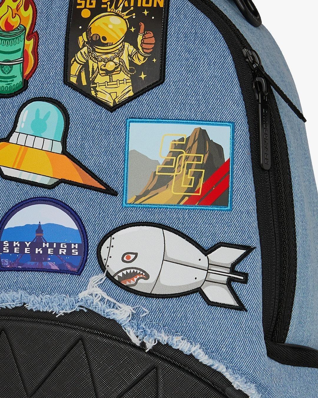 ZAINO SPRAYGROUND DENIM TEAR 3 AM PATCHES BACKPACK