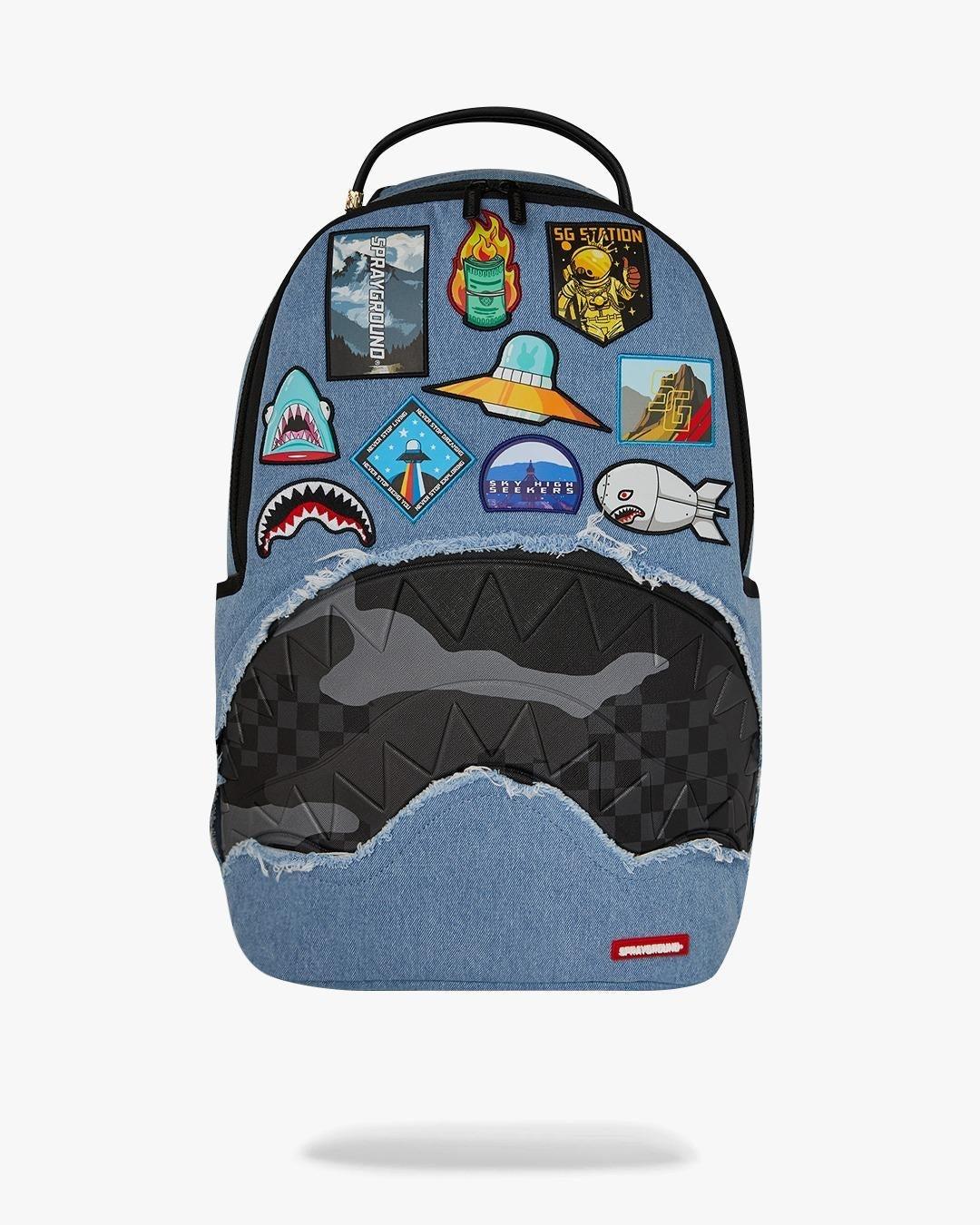 ZAINO SPRAYGROUND DENIM TEAR 3 AM PATCHES BACKPACK